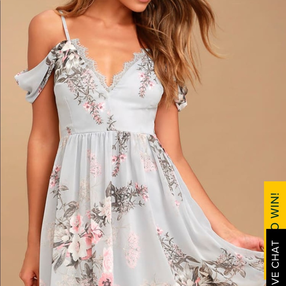 Verona Light Blue Floral Print Off-The-Shoulder Lace Dress